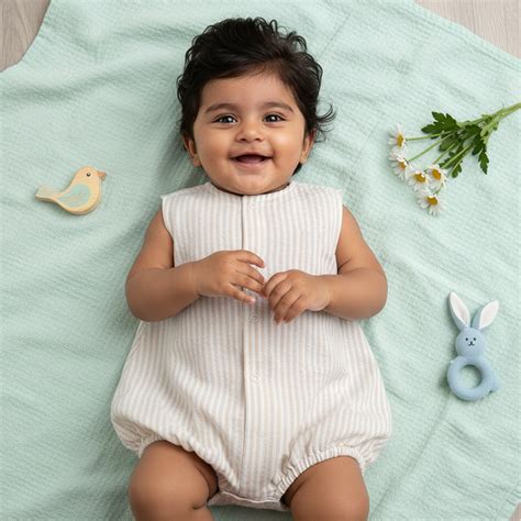 Keebee Organic Cotton Beige and White Striped Romper | Baby Kids ...