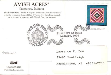 First Day of Issue Amish Acres Quilt Stamp 8 9 2001 34c Barn Cont ...