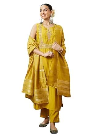 Buy Janasya Women's Mustard Chanderi Silk Yoke Embroidered Straight ...