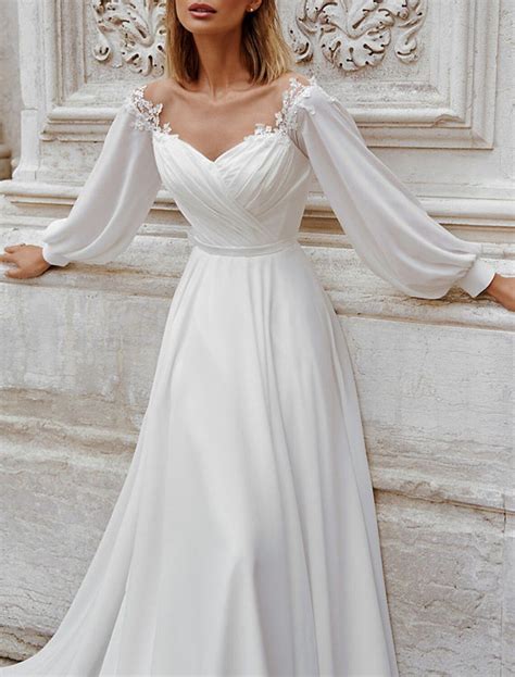 Beach Boho Fall Wedding Dresses A-Line Off Shoulder Long Sleeve Court Train Chiffon Bridal Gowns ...
