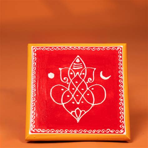 Red Ganesha Printed Wooden Manai for Pooja | Ikyem