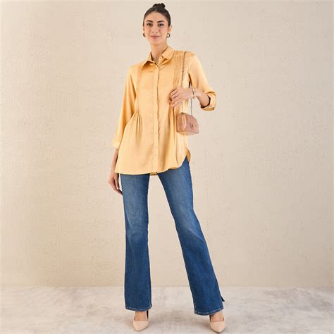 Golden Yellow Pintucked Satin Shirt – First Resort by Ramola Bachchan