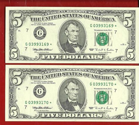 1995 Five Dollar Bill 2- STAR NOTES CONSECUTIVES UNCIRCULATED Federal ...
