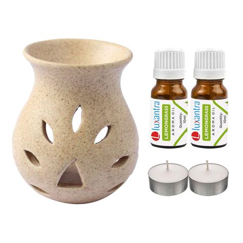 Luxantra Ceramic Aroma Diffuser with 2 Lemongrass Aroma Oil & 2 T-Light ...