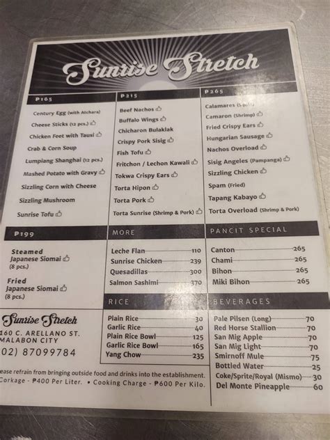 Menu at Sunrise Stretch Bar & Grill, Malabon