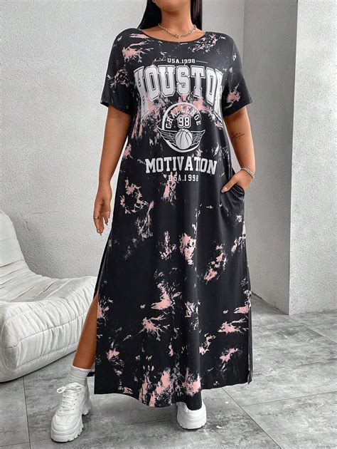 Flirla Summer Digital Print Tie-Dye Plus Size Dress With Side Slits ...