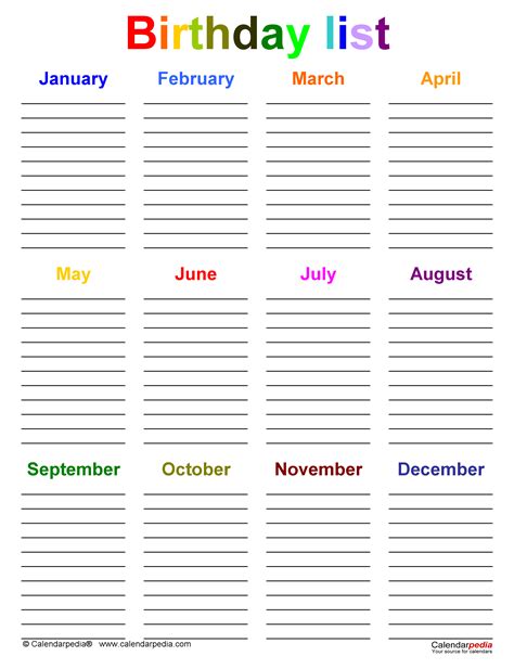 Birthday Lists - Free Printable PDF templates