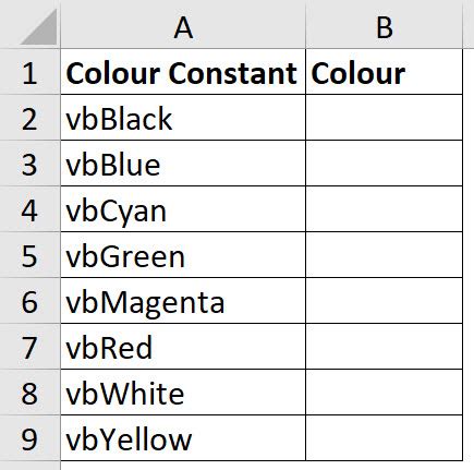 Excel VBA Color Code List 的图像结果