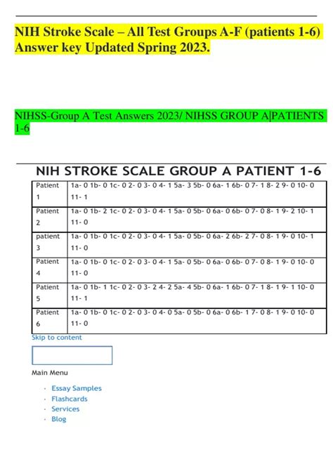NIH Stroke Scale – All Test Groups A-F (patients 1-6) Answer key ...
