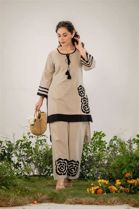 Royal Beige Embroidered Cotton Co-Ord Set with Tassel & Piping Details ...
