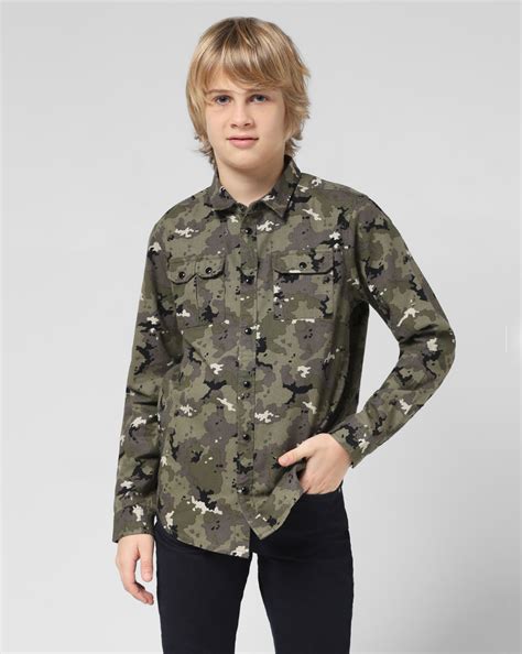 JUNIOR BOYS Green Camo Print Full Sleeves Shirt