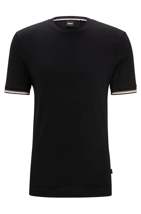 BOSS - Cotton-jersey T-shirt with signature-stripe cuffs