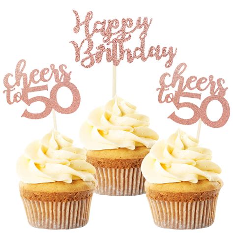 Buy Siipoo Rose Gold Glitter 50th Birthday Cupcake Toppers Happy ...