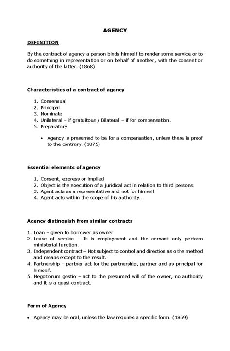 Notes for Agency - AGENCY DEFINITION By the contract of agency a person ...
