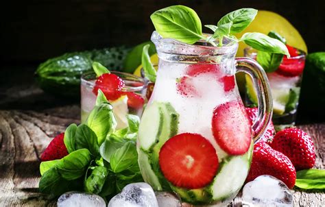 Wallpaper ice, lemon, strawberry, pitcher, lemonade, cucumbers, Basil ...