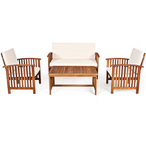 WELLFOR White Outdoor Acacia Wood Sofa Furniture Set 4-Piece Patio ...