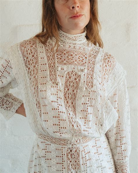 Edwardian Eyelet Floral Lace Wedding Dress - White | Garmentory