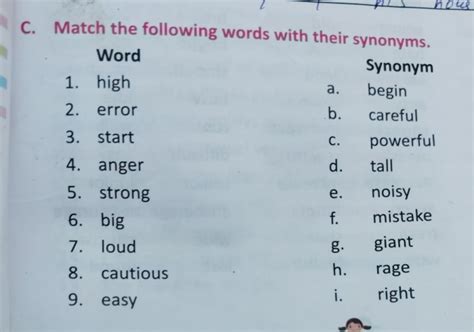 C. Match the following words with their synonyms.Word1. high2. error..