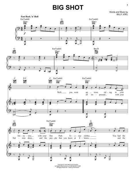 Billy Joel "Big Shot" Sheet Music for Piano, Vocal & Guitar | Download ...