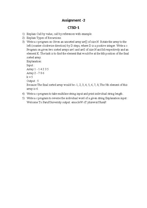 Assignment 2 - 2) Explain Types of Recursions. 3) Write a c program on ...