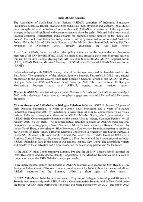 India Asean Relations August 2018 - India- ASEAN Relations The ...