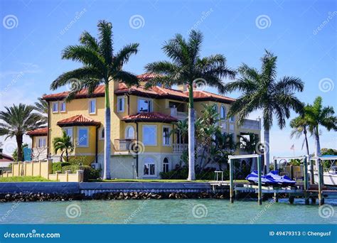 Panorama of Luxury Beach House with Boat Dock Stock Image - Image of ...