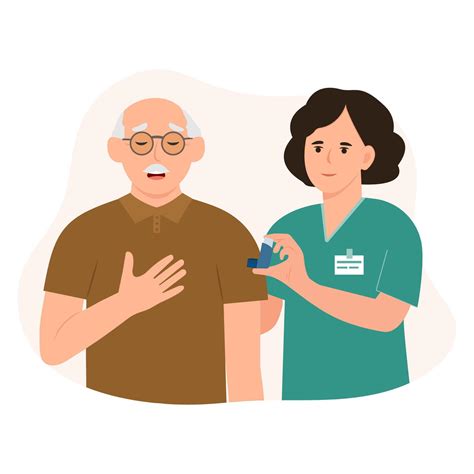 A doctor is giving inhaler to patient with asthma attack. Bronchial asthma diagnosis, treatment ...