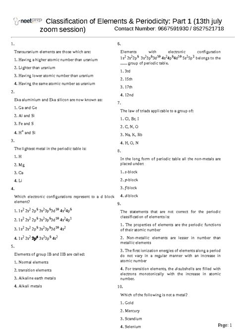 Periodic table - Contact Number: 9667591930 / 8527521718 1 ...