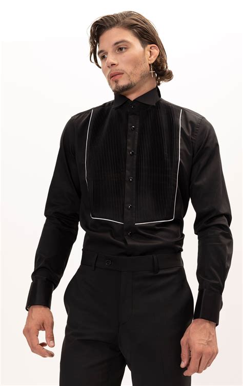 Pure Cotton Pleated Wing Tip Collar Shirt - Black White | Black tuxedo ...