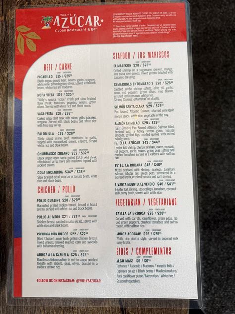 Menu at Willy's Azucar Cuban Restaurant & Bar, Massapequa Park