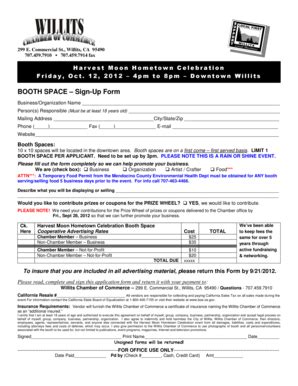 Fillable Online willits Vendor Booth Sign Up Form - Willits Chamber of ...