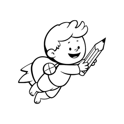 Cute boy flying with pencil rocket hand drawn outline illustration ...