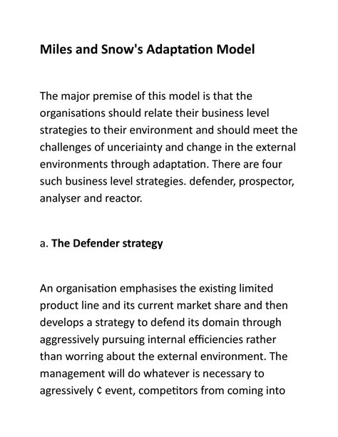 Miles and Snow's Adaptation Model - There are four such business level ...