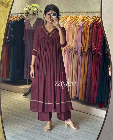 Deep Brown Gathered Kurta with Scalloped Neckline – Zaylee Designs