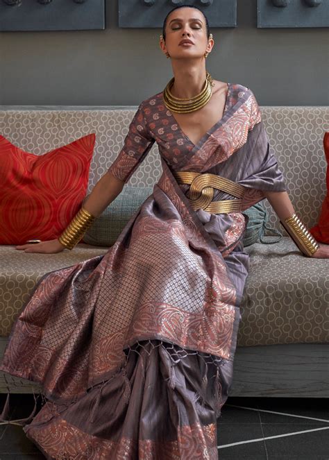 Buy Dorado Grey Woven Brocade Tussar Silk Saree Online - MySilkLove