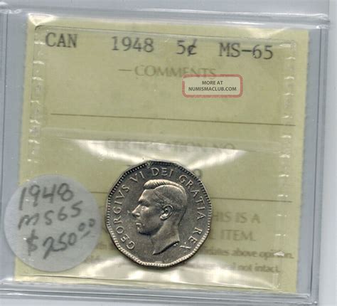 Canada 1948 5 Cent Nickel Gem Unc Iccs Ms 65