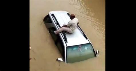 Video: Man climbs on car roof to save himself from drowning in flooded ...
