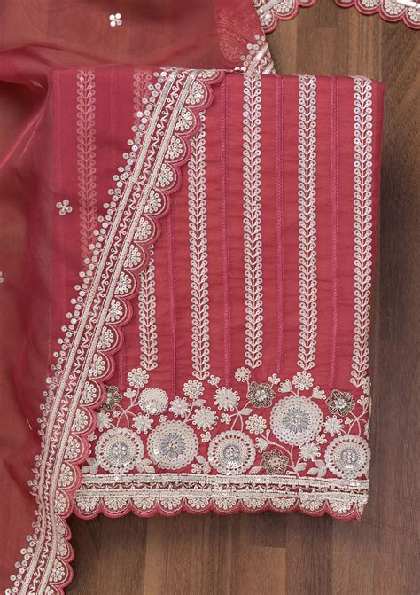 Buy Rust Threadwork Tissue Unstitched Salwar Suit - Koskii