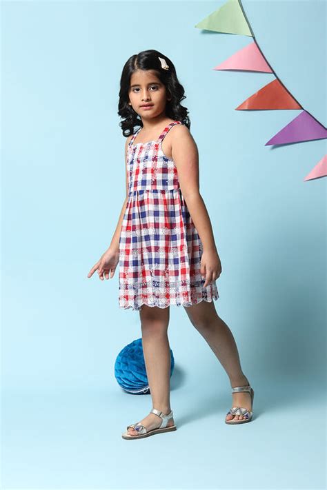 Red & Blue Cotton Gathered Dress