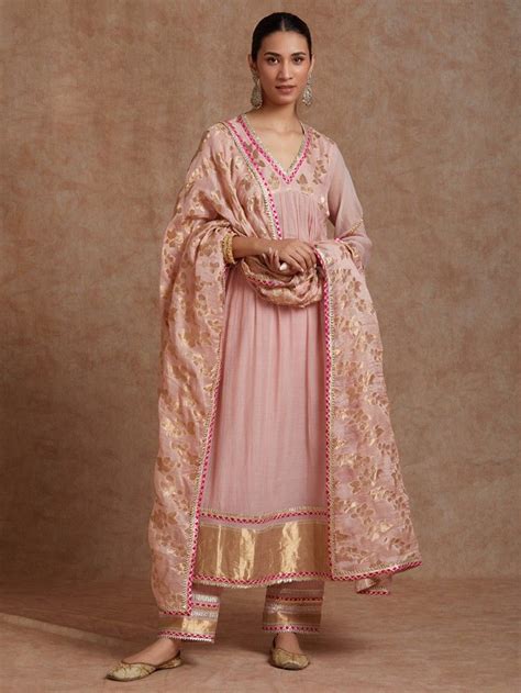 Buy Pink Gota Chanderi Kurta with Pants- Set of 2 | VJ96MAR101/KP/PINK ...