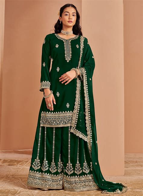 Elegance Dark Green Color Georgette Sharara Suit For Wedding – Ragthm