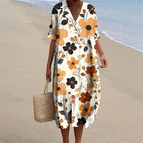 Sentmoon Orange Dresses for Women with Pockets V Neck Linen Cocktail ...