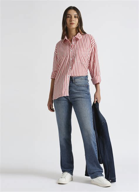 Red Oversized Stripes Full Sleeve Shirt | Pepe Jeans India