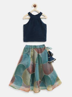 Buy Baby Zi Teal Crop Top and Multicolor Organza Skirt (Set of 2) Online