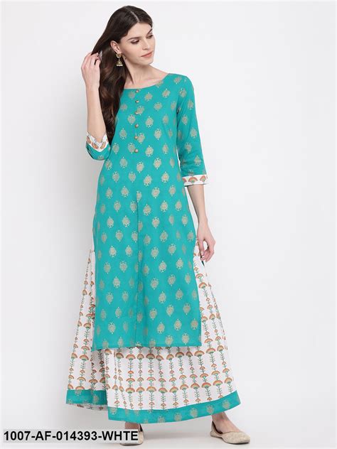 Gold Print Cotton Front Slit kurta Skirt Set (Green,White) – Trendphoria