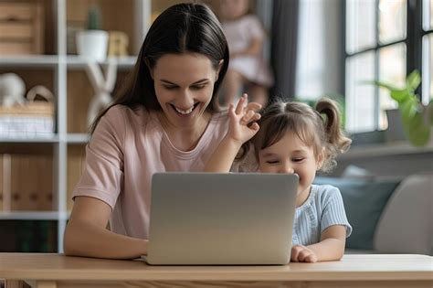 Single mother and daughter bonding online watching cartoons and ...