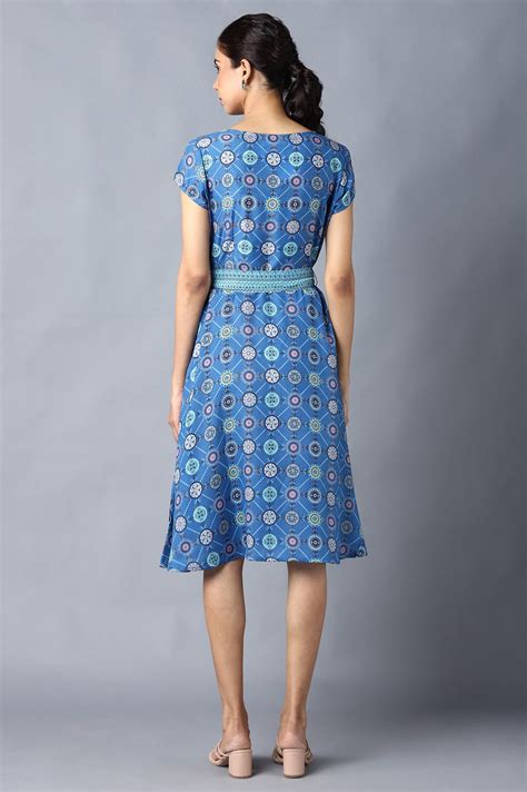 Buy Blue Circular Floral Printed Dress In Round Neck Online for Woman ...