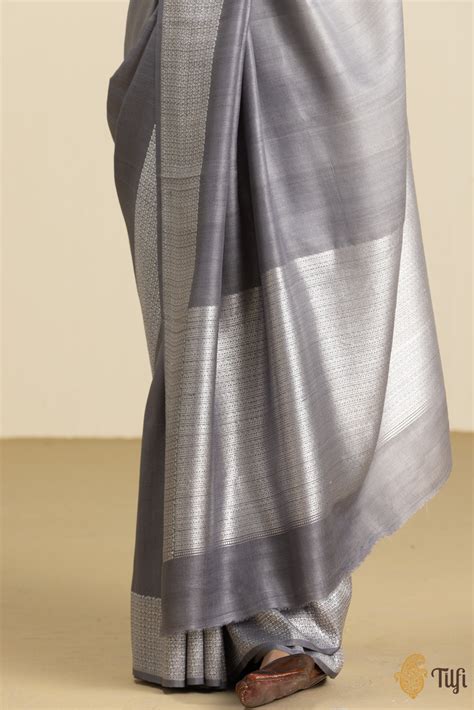 Grey Ombre Pure Tussar Georgette Silk Banarasi Handloom Saree - Tilfi