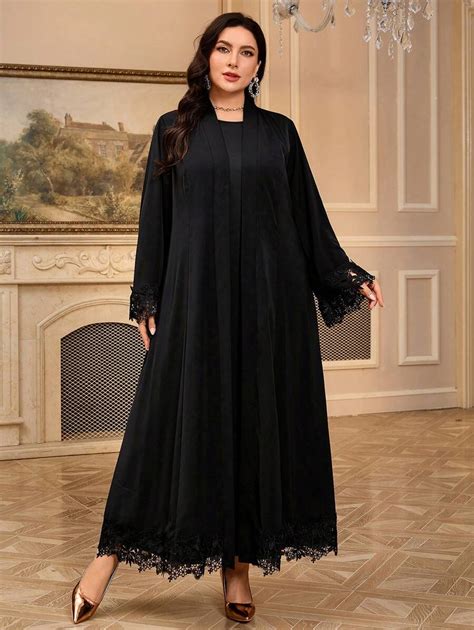 SHEIN Najma Plus Size Women Lace Splice Sleeve Arabic Style Abaya Coat ...