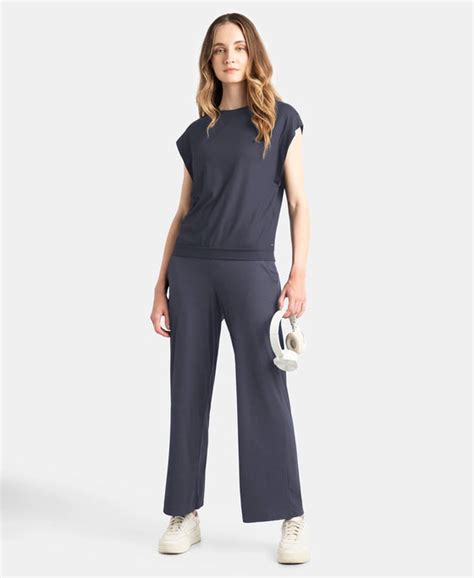 Buy Microfiber Elastane Stretch Regular Fit Wide Leg Pants - Grey Stone ...
